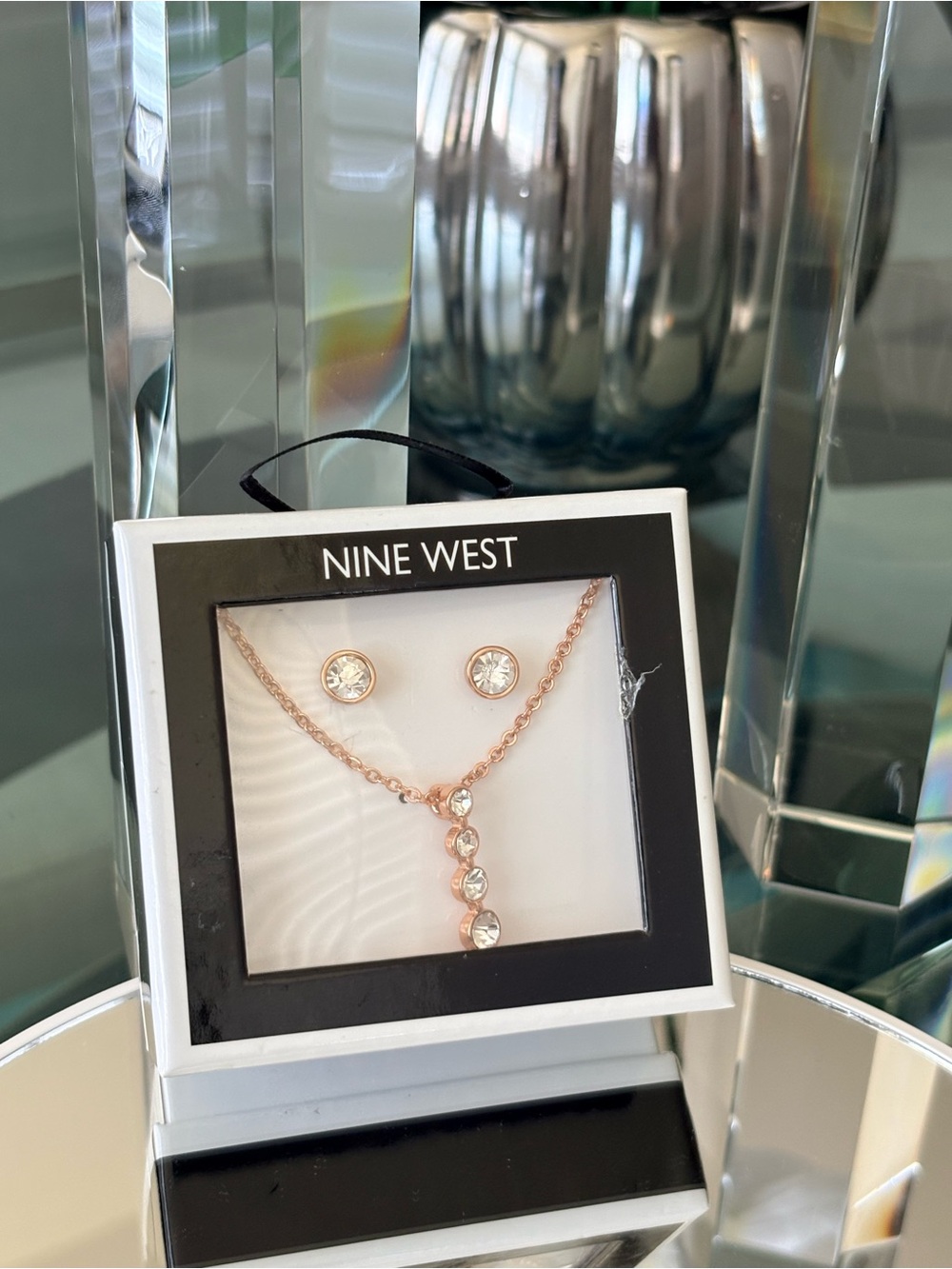 Nine West Rose Gold Crystal Drop Necklace & Stud Earrings